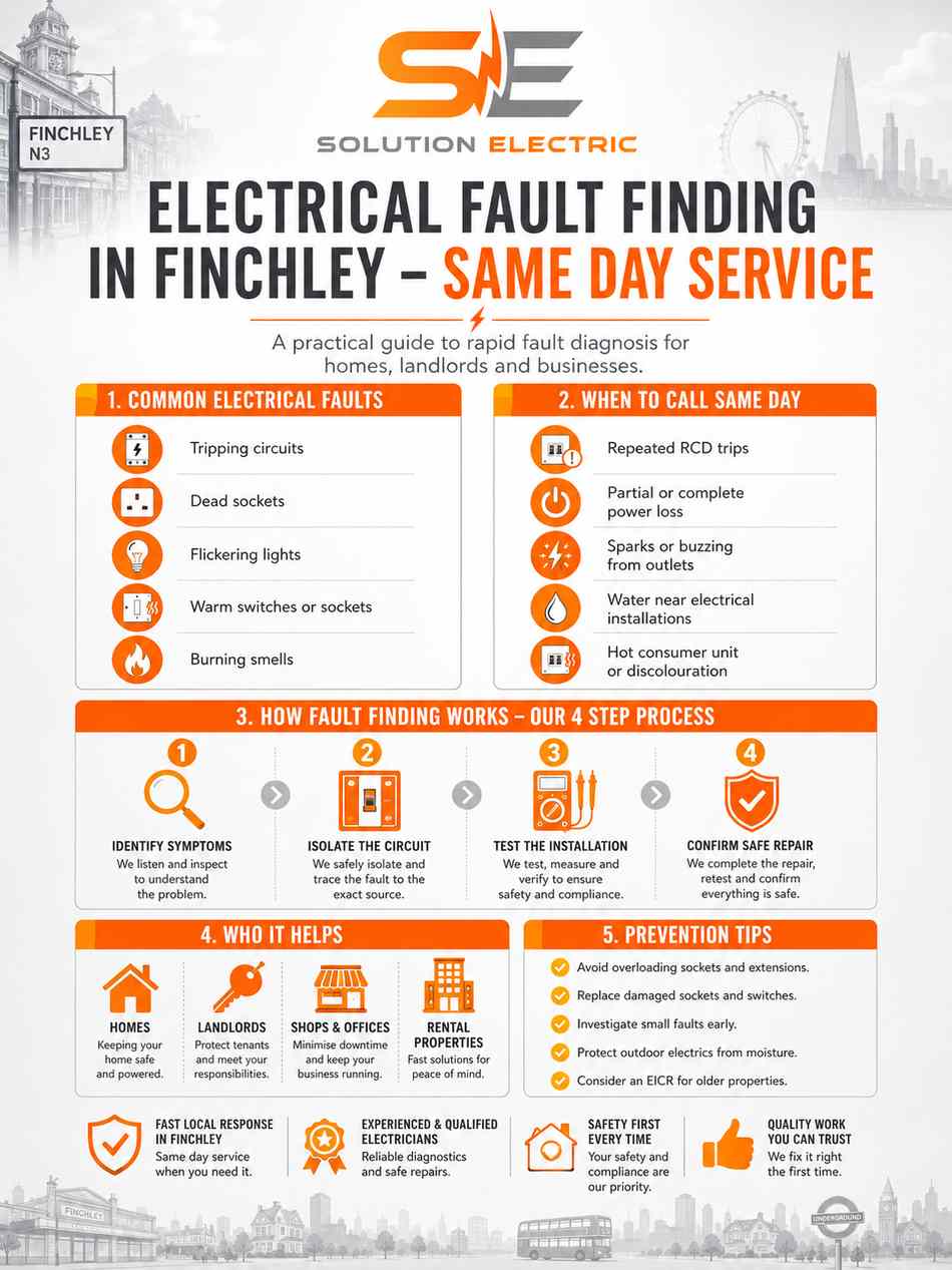 Electrical Fault Finding in Finchley Same Day Service infographic by Solution Electric